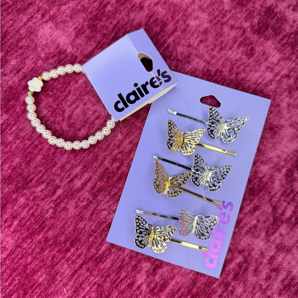 Claire's Gold and Silver Butterfly Hair Clips with Pearl Bracelet